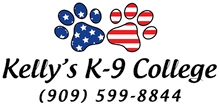 A logo for kelly 's k-9 college with a paw print in the shape of an american flag.