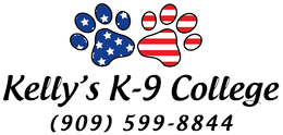 A logo for kelly 's k-9 college with a paw print in the shape of an american flag.