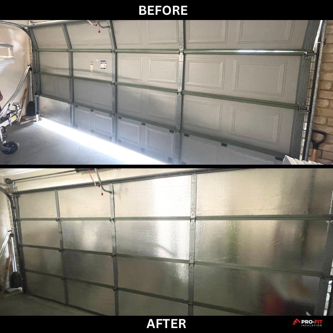 Comparison of a garage door before and after with insulation.