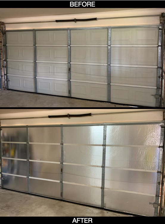 Before and after photos of a garage door, showing reflective insulation panels installed.