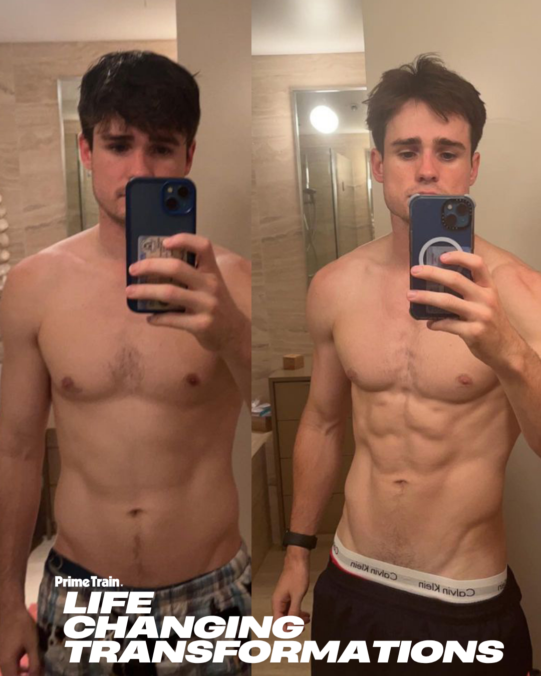 Two pictures of a man before and after losing weight with the words 90 days later on the bottom