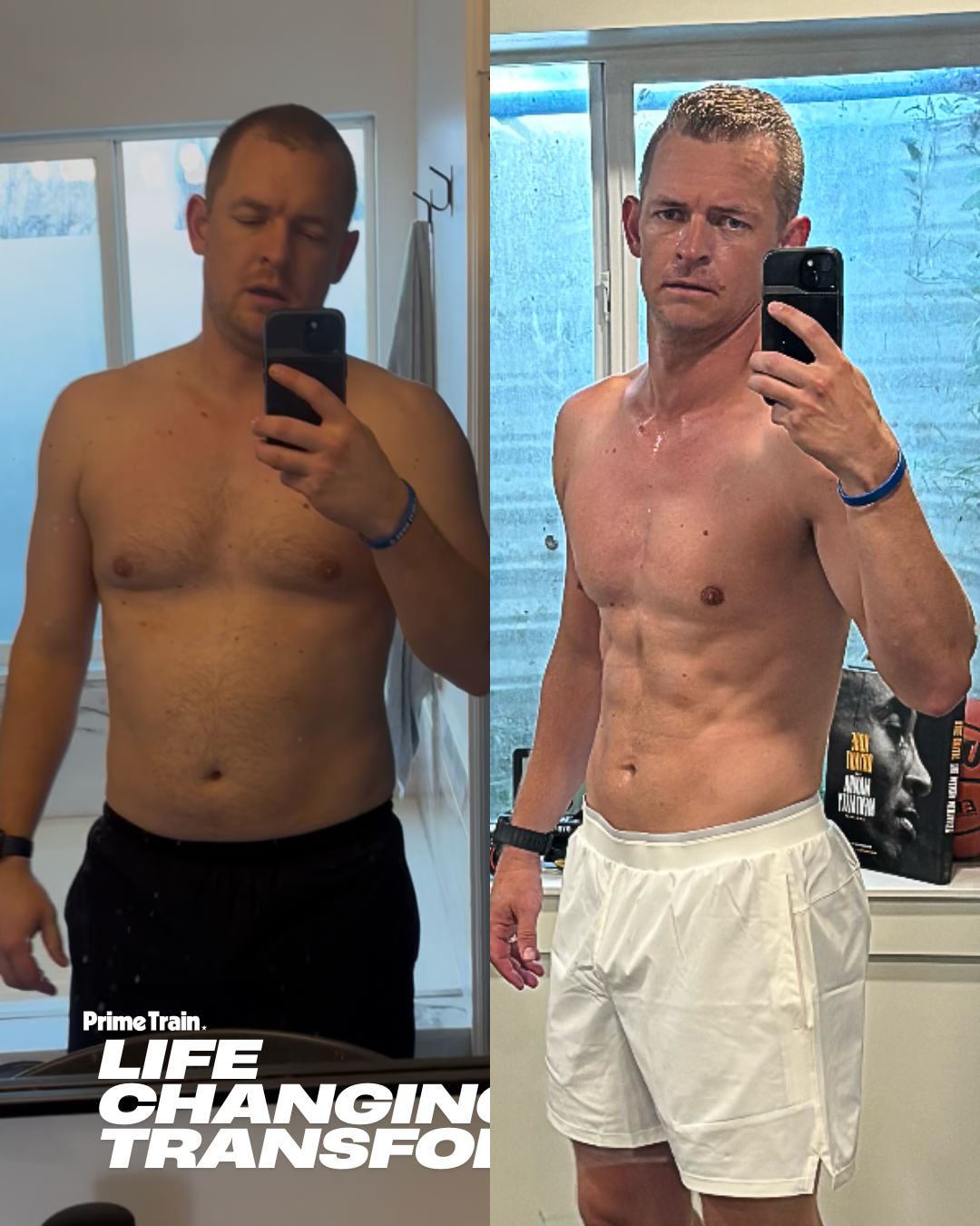 Two pictures of a man before and after losing weight