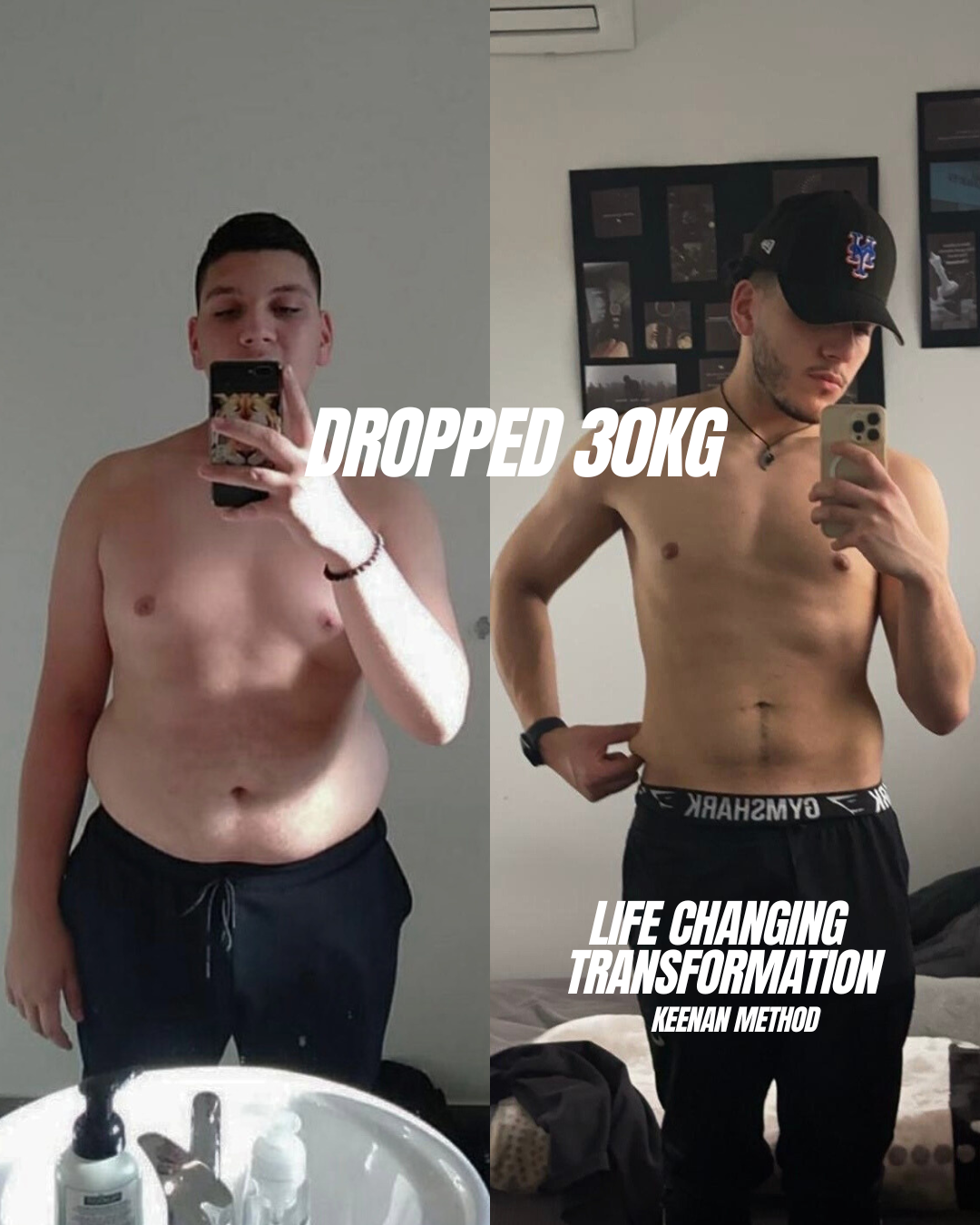 Two pictures of a man before and after losing weight with the words 30 days in the middle
