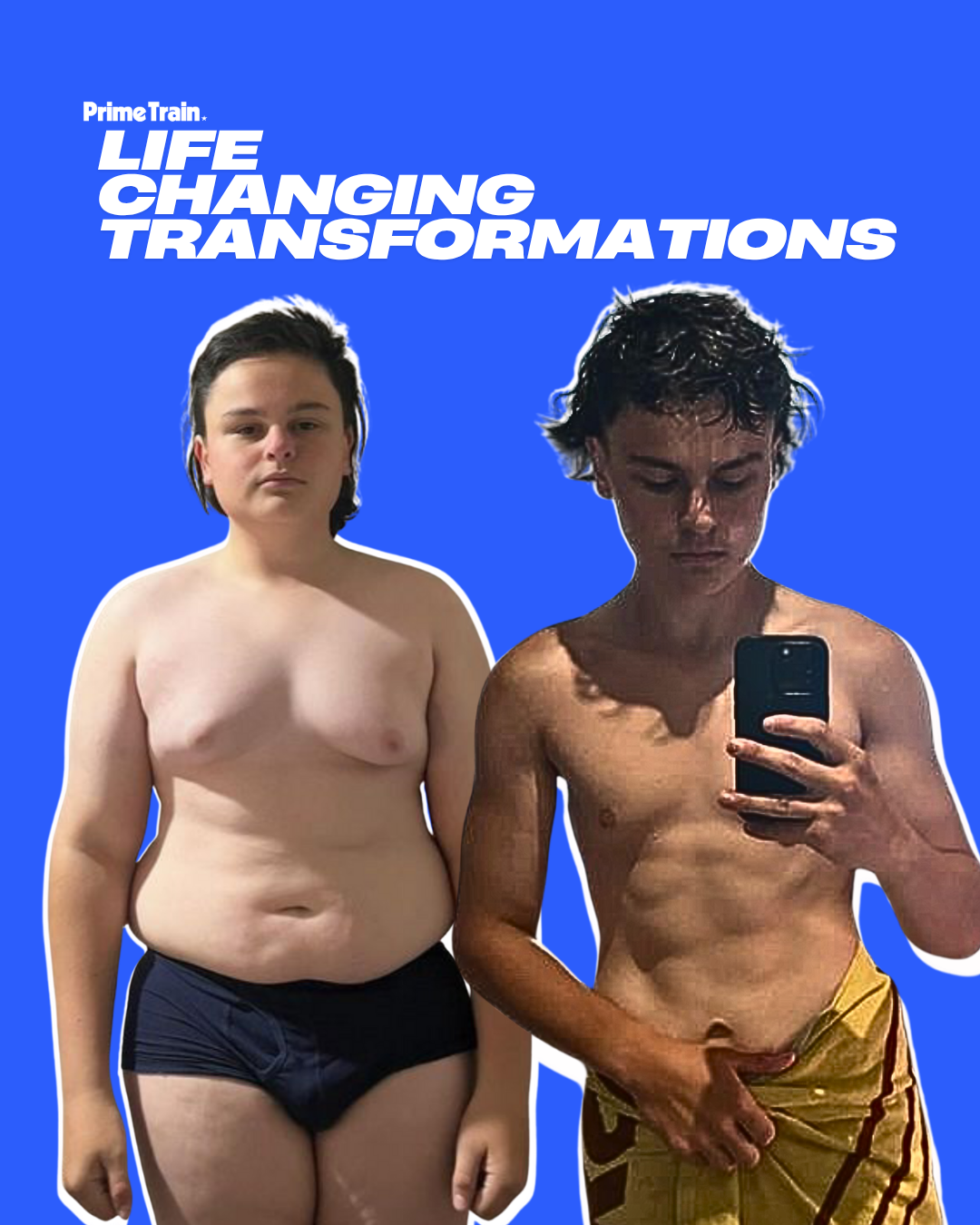 Two pictures of a man before and after losing weight with the words 30 days below him