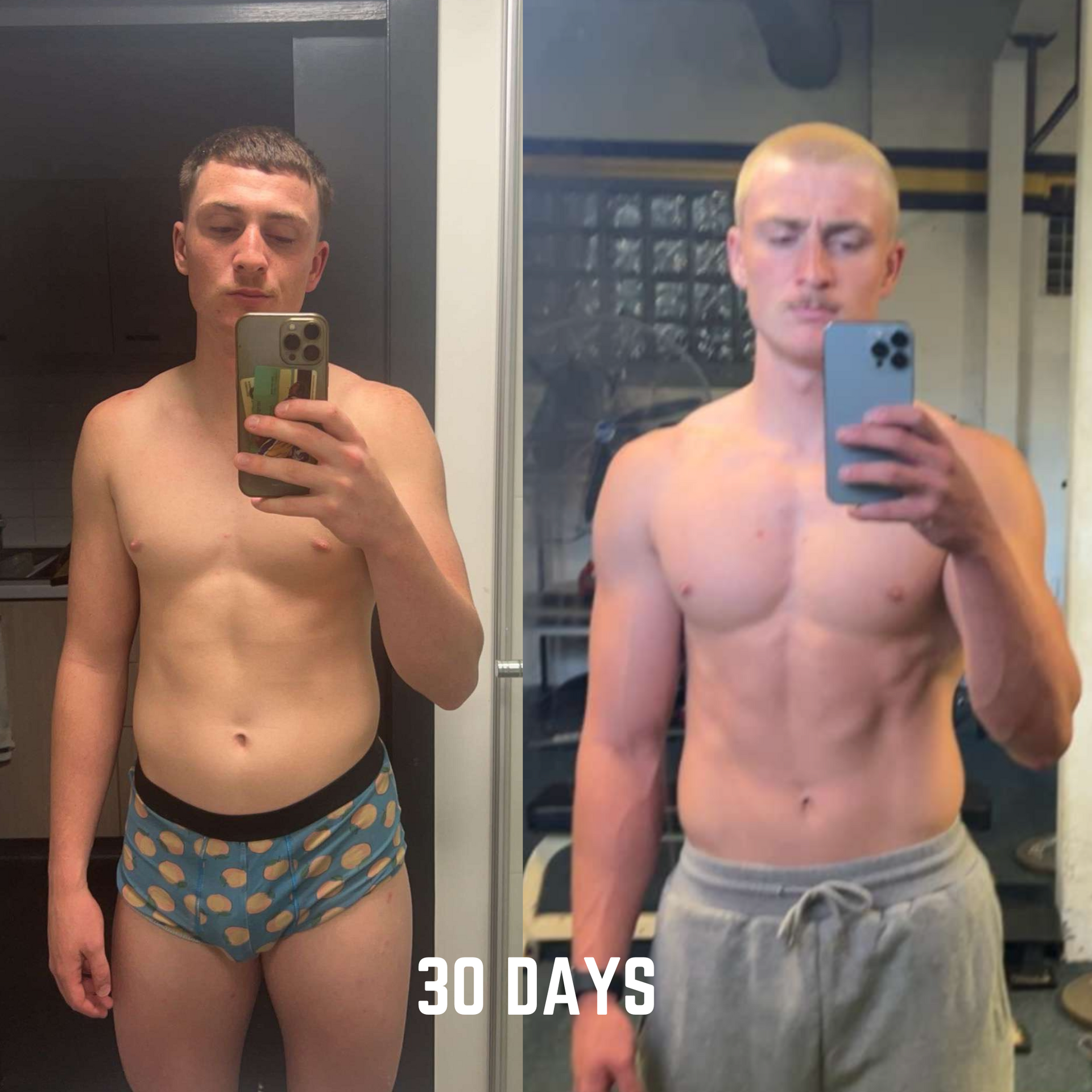Two pictures of a man before and after losing weight with the words 30 days below him