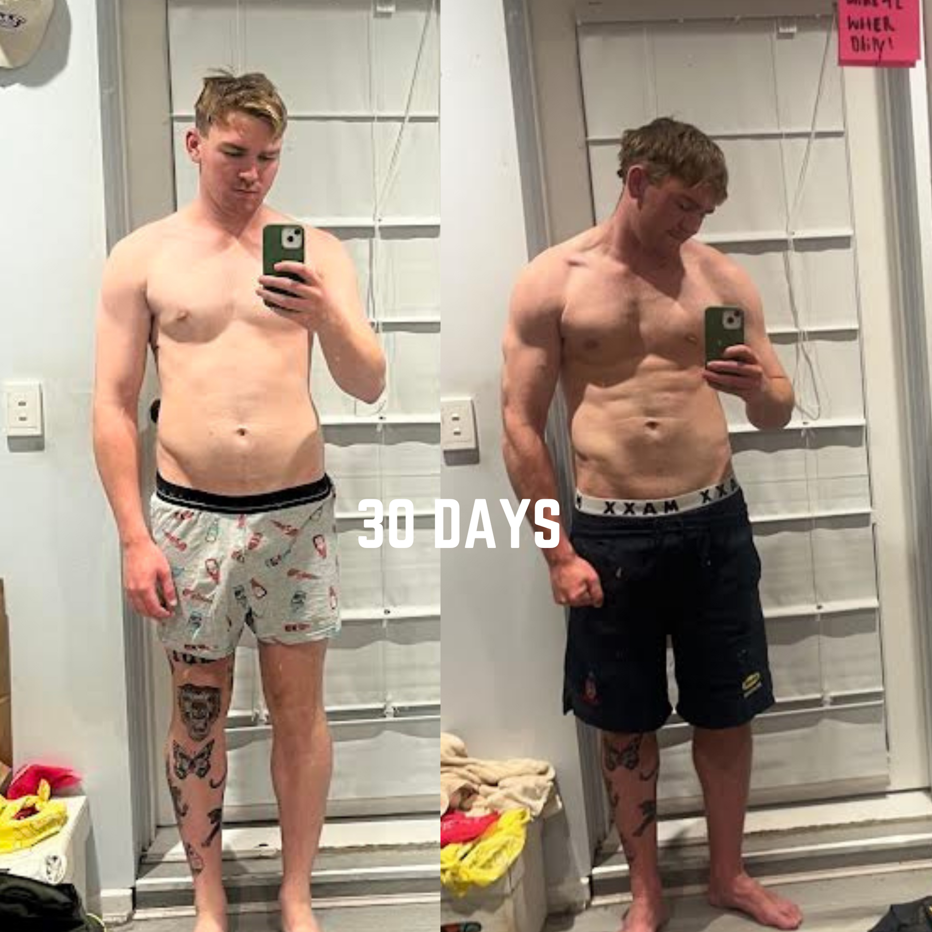 Two pictures of a man before and after losing weight with the words 30 days in the middle