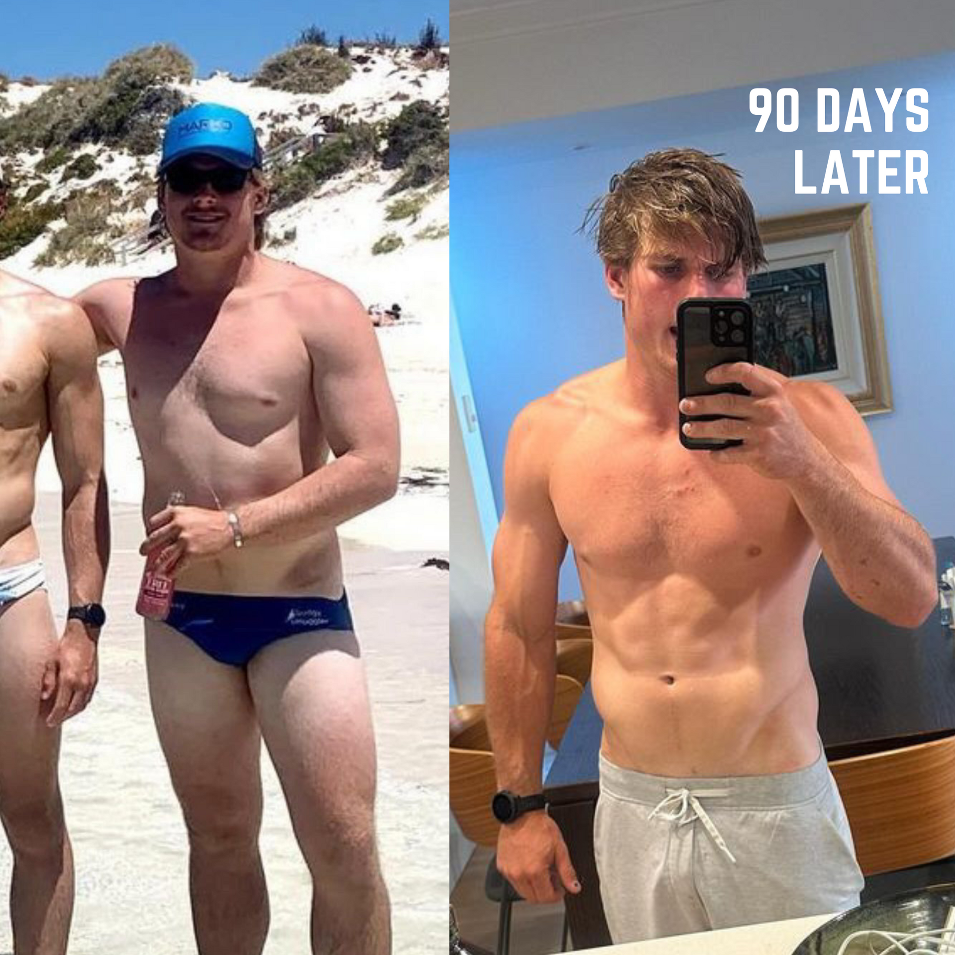 Two pictures of a man before and after losing weight with the words 90 days later on the bottom