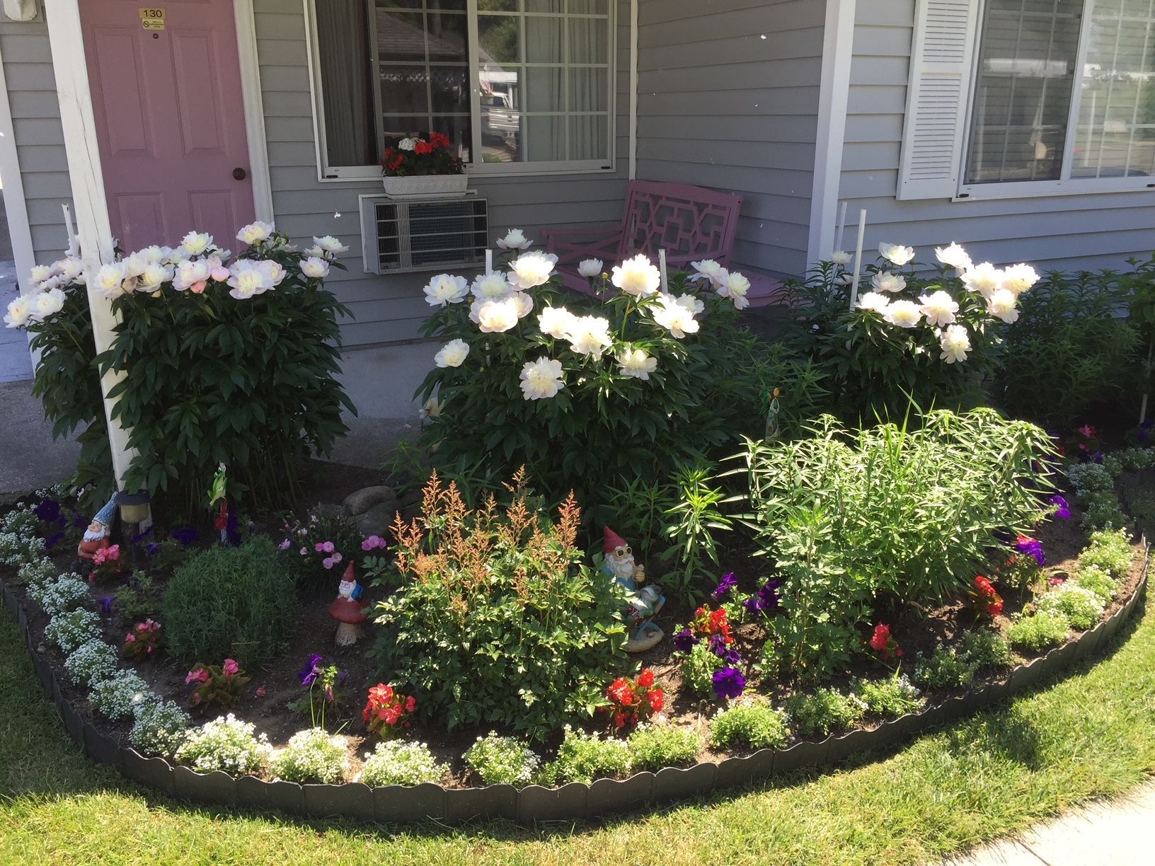 A garden with flowers and gnomes in front of a house