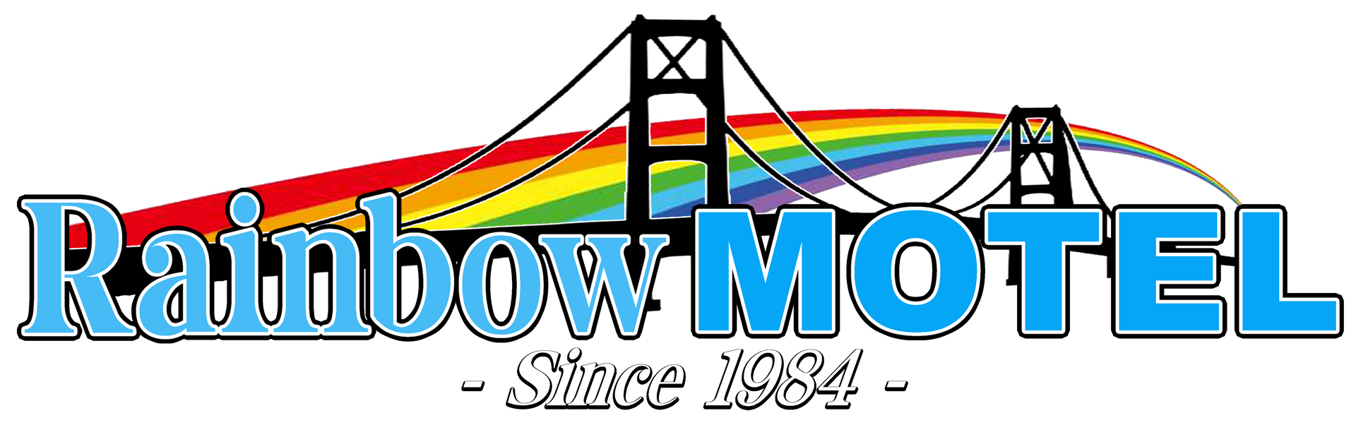 A rainbow motel logo with a bridge in the background