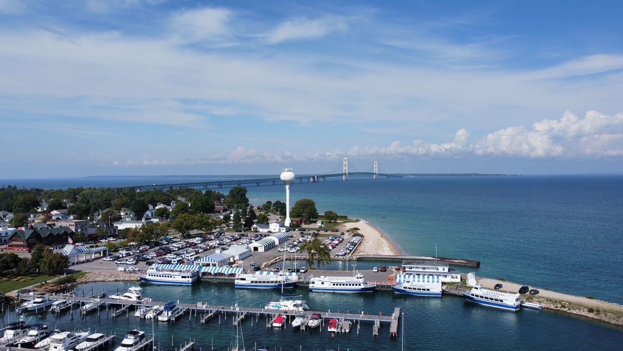 An aerial view of a marina with boats docked and a bridge in the background.