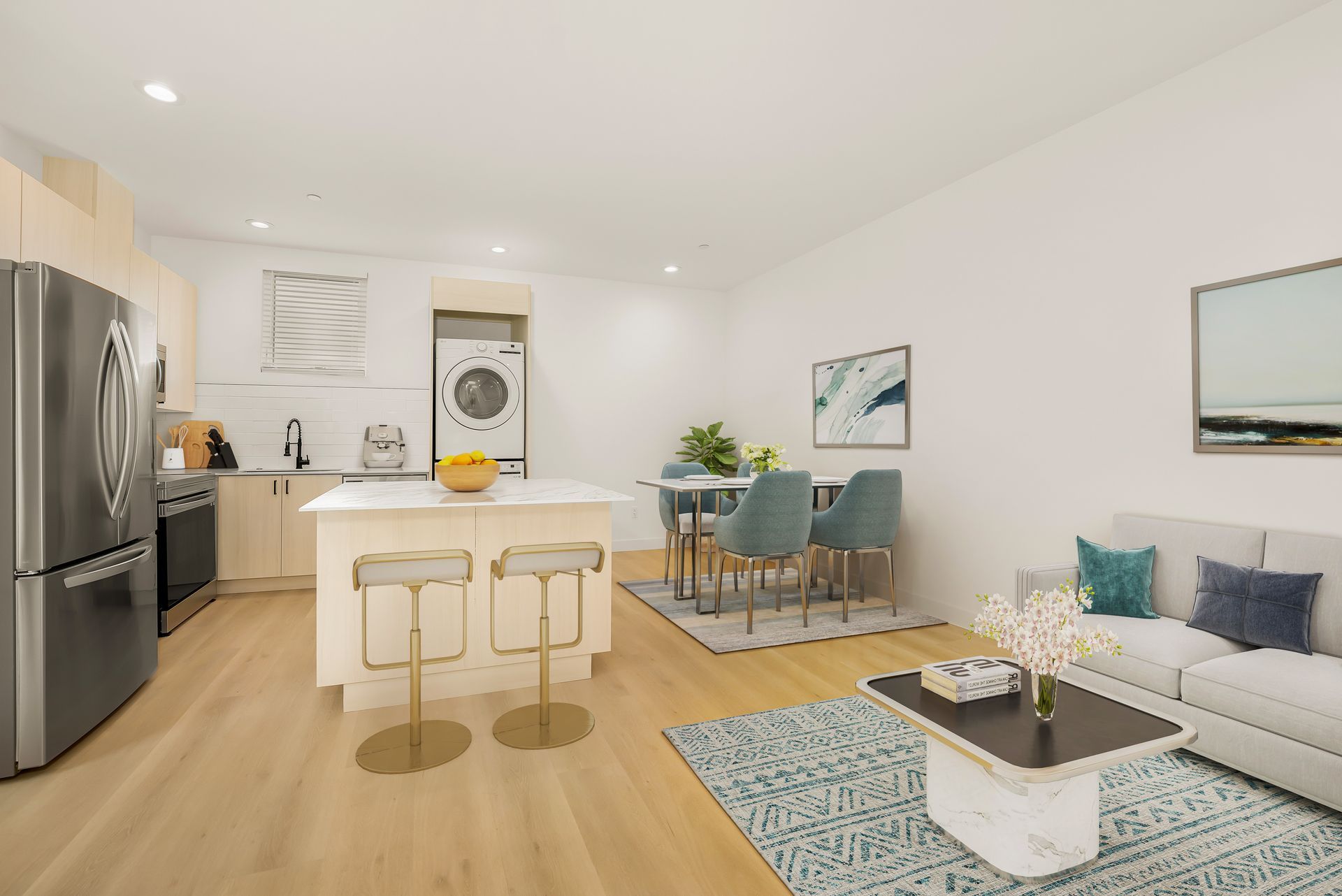 A living room with a couch , table , chairs and a refrigerator.
