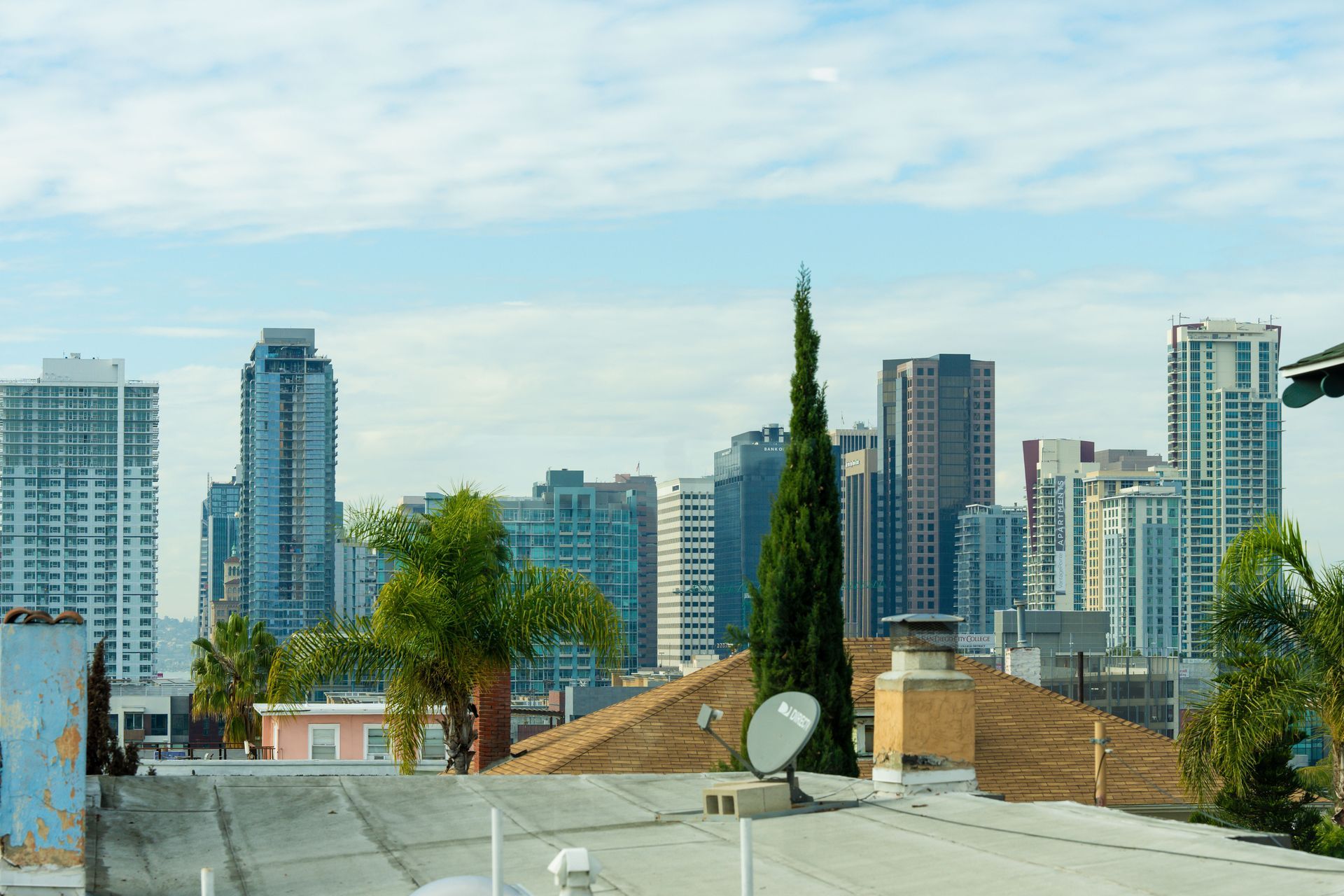 A view of a city skyline from the roof of a building