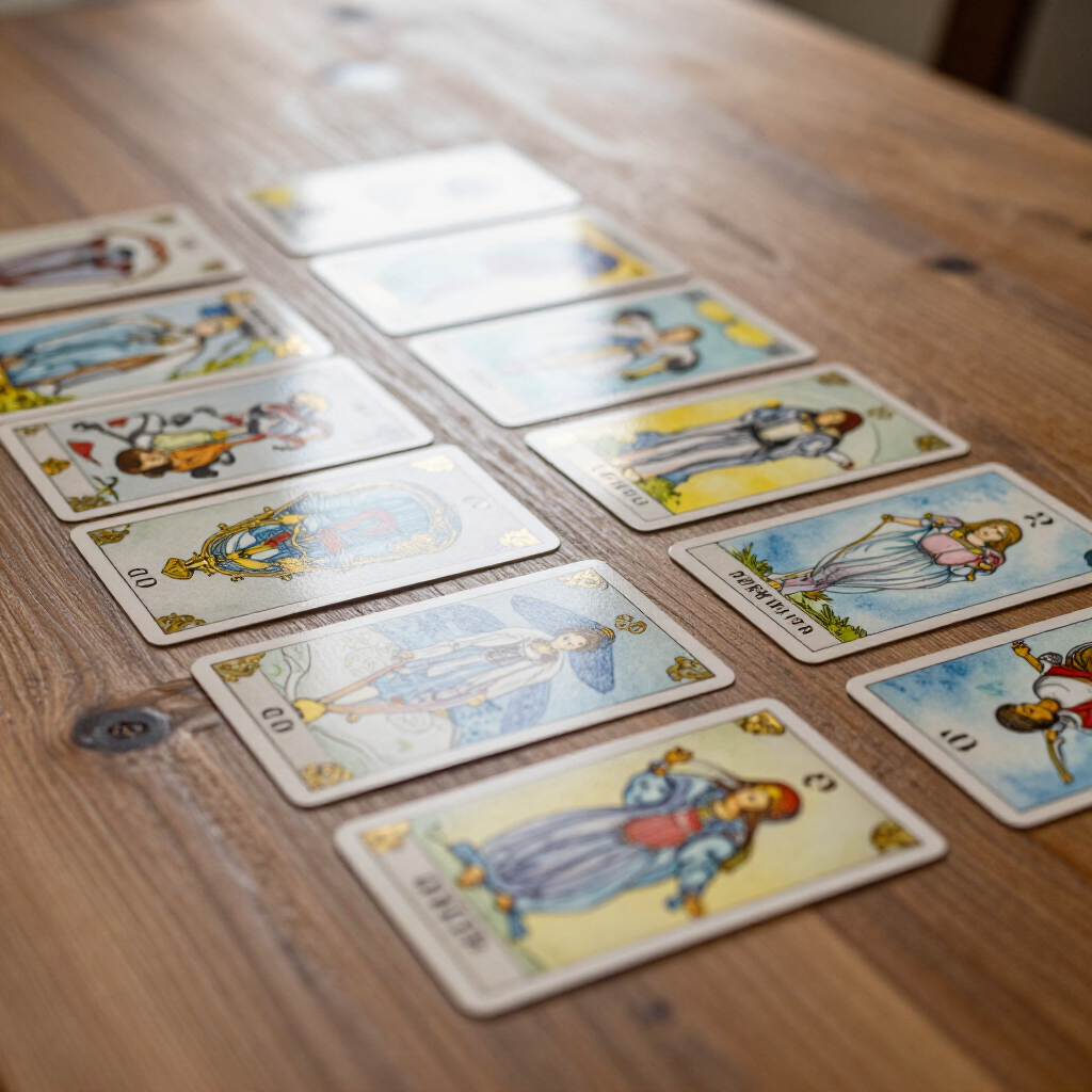 Cartas al estilo del tarot dispuestas en filas sobre una mesa de madera, mostrando coloridas ilustraciones.