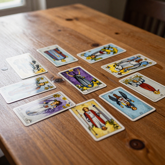 Una baraja de cartas del tarot de colores extendida sobre una mesa de madera.
