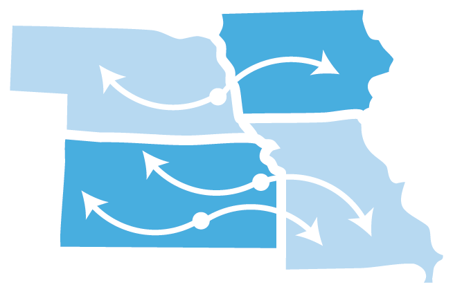 Map of four Midwest states with curved arrows indicating movement between them.