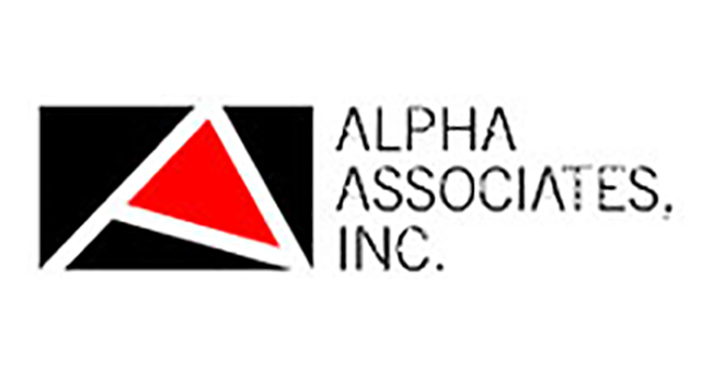 Logo for Alpha Associates, Inc. Red triangle inside a black rectangle, with text 