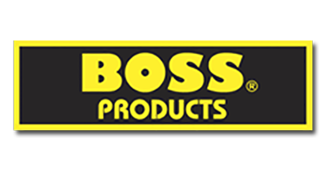 Logo for BOSS Products: yellow text on black, in a yellow rectangle.