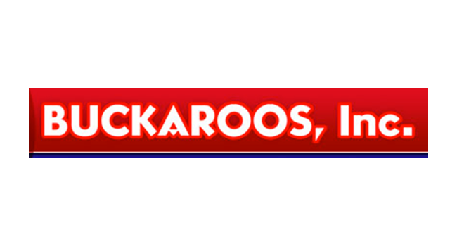 Buckaroos, Inc. logo in white text on a red rectangle, outlined with blue and white.