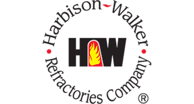 Harbison-Walker Refractories Company logo: black and red flame in "H.W" letters, circled by company name.