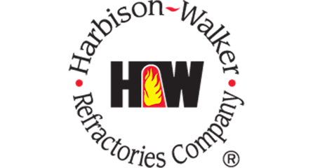 Harbison-Walker Refractories Company logo: black and red flame in "H.W" letters, circled by company name.
