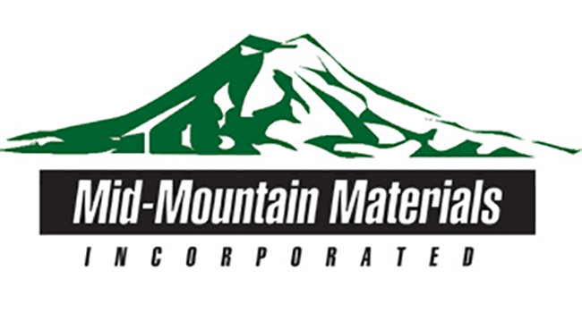 Green mountain icon above black rectangular logo: Mid-Mountain Materials, Incorporated.