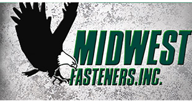 Logo for Midwest Fasteners, Inc. featuring a green and black eagle and text on a textured background.