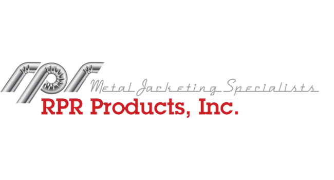 Logo for RPR Products, Inc., featuring stylized silver metal pipes with "RPR" and "Metal Jacketing Specialists." Company name in red.