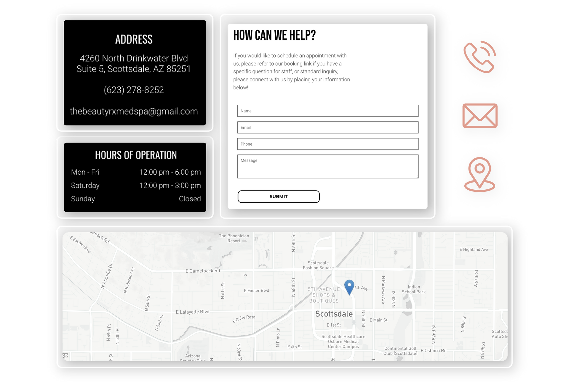 A picture of a contact us page with a map and a phone number.