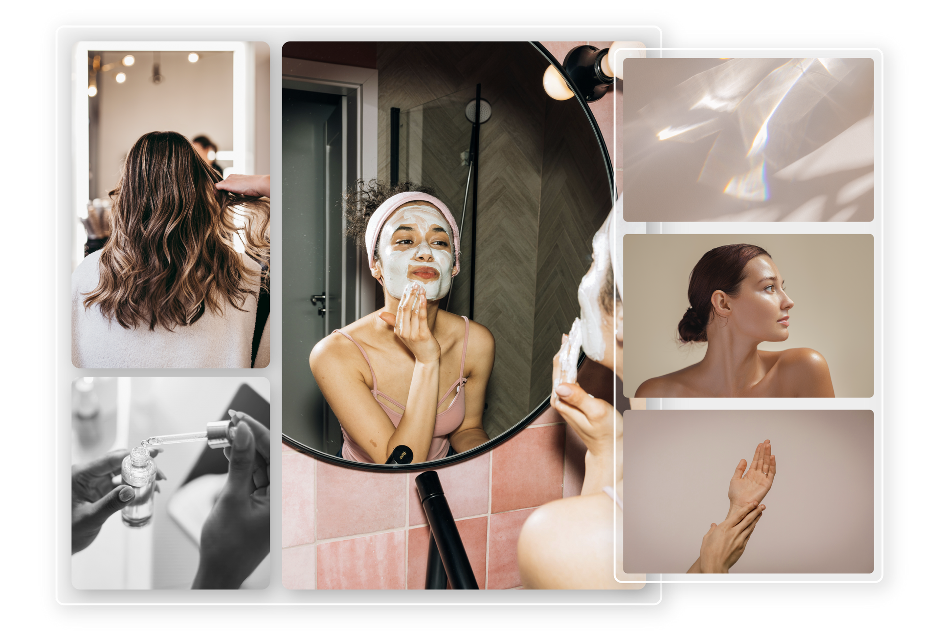 A woman is applying a mask to her face in front of a mirror.