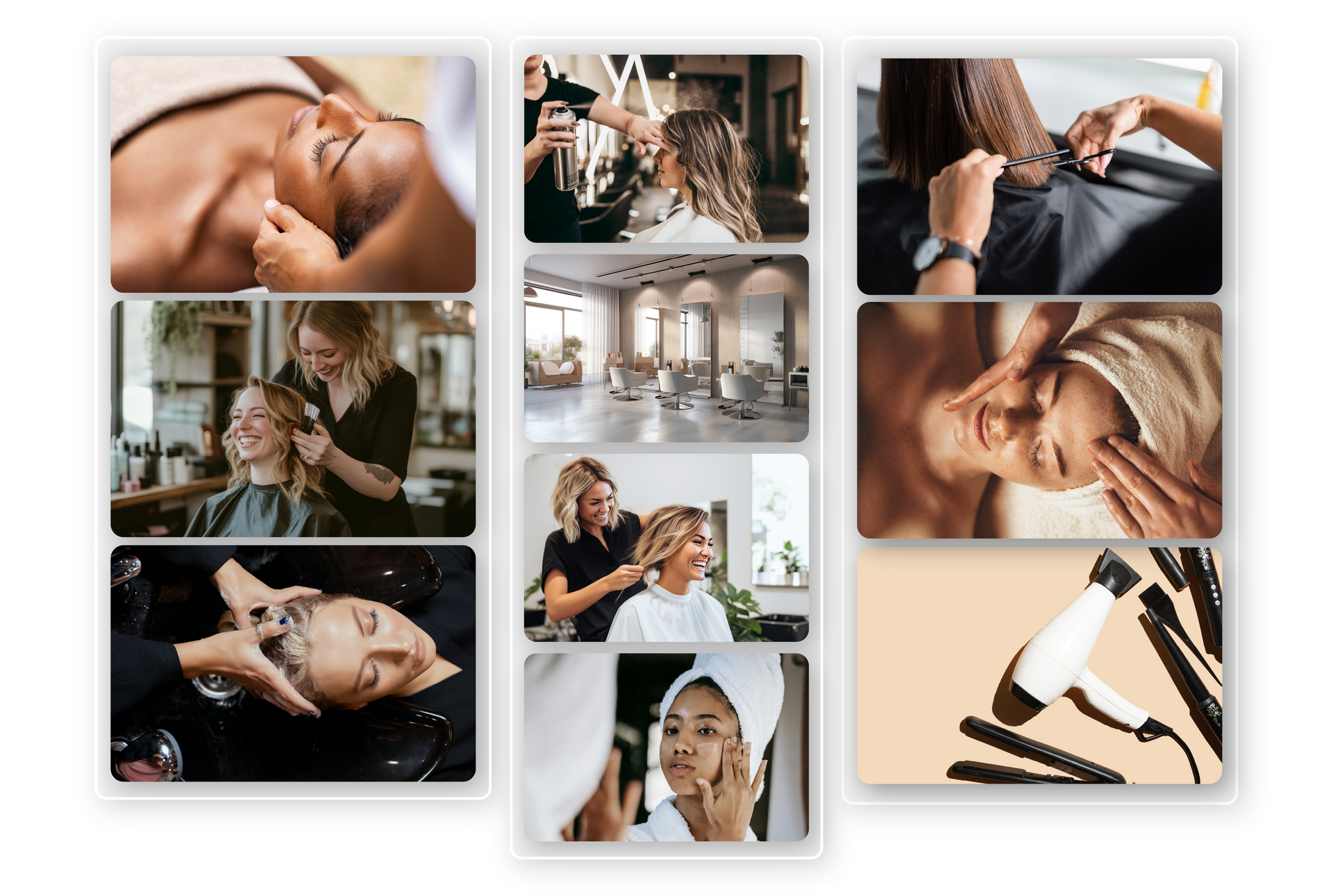 A collage of pictures of people getting their hair done at a hair salon.