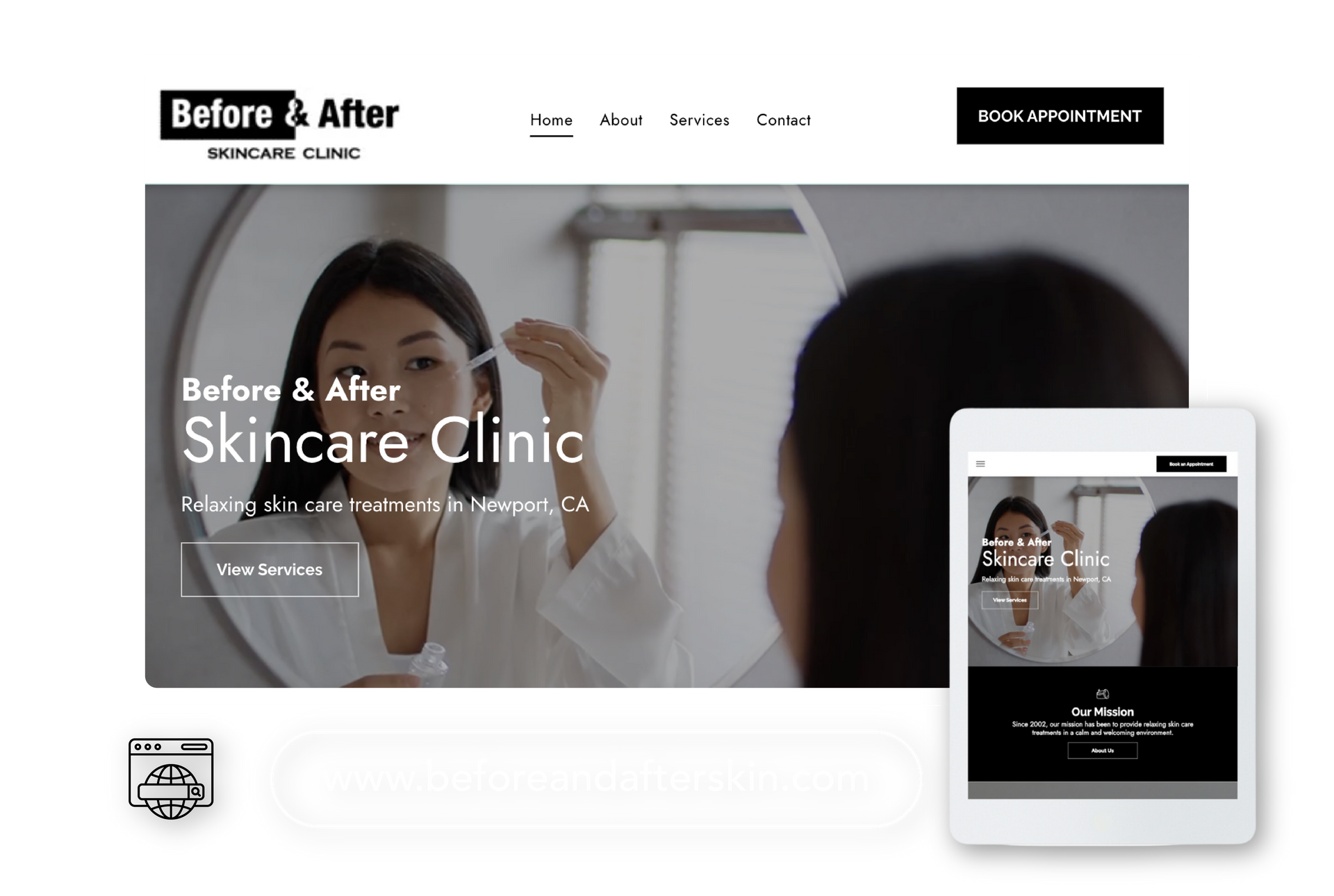 A woman is applying a serum to her face in front of a mirror.