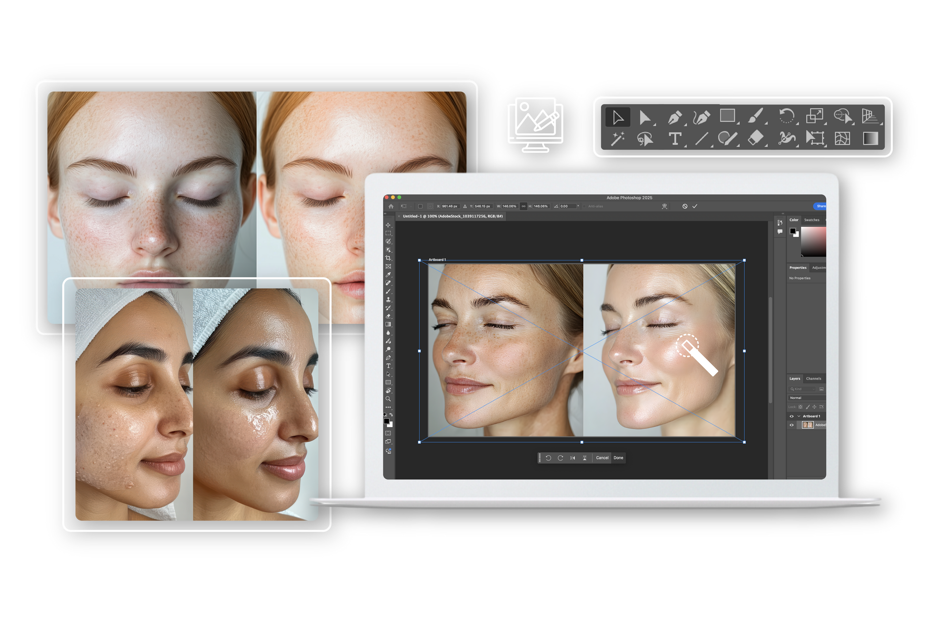 A laptop computer with a picture of a woman 's face on it.