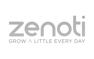 The zenoti logo is gray and says `` grow a little every day ''.