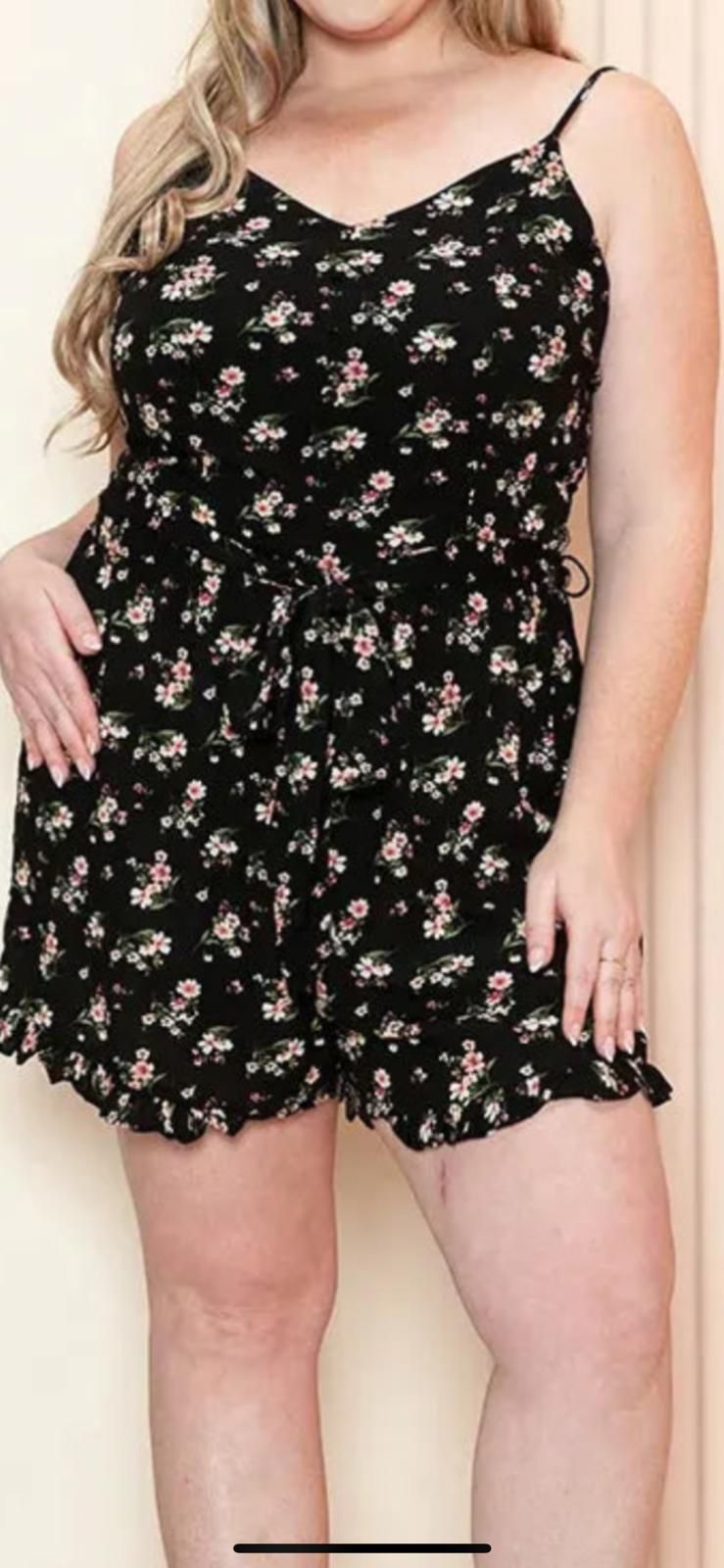 Junior plus size black floral spaghetti stap ruffle hem tie waist romper