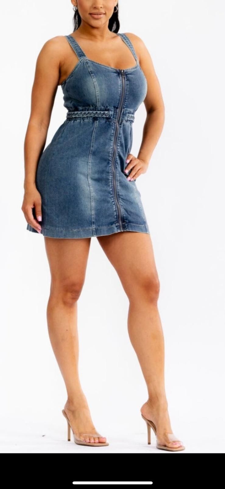 Women's sleeveless zipper closure bodycon denim mini dress- blue