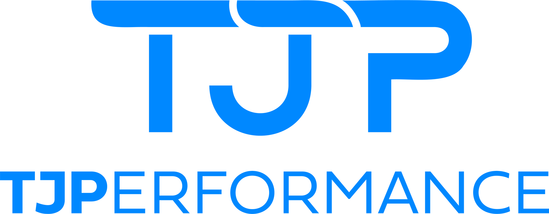 Logo for TJPerformance, blue text with intertwined