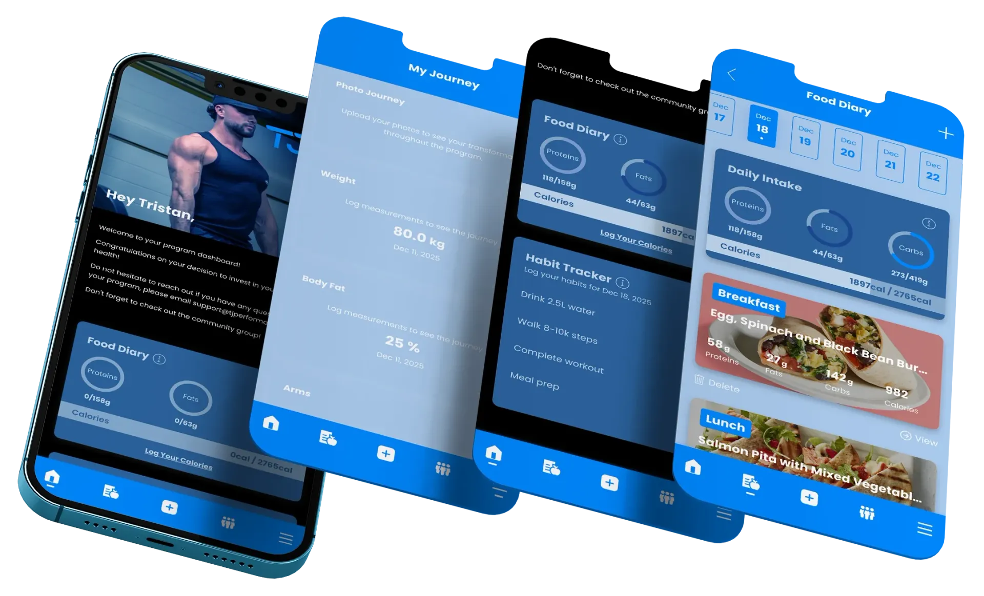 Four smartphones with blue-themed fitness app screens displaying video, stats, and food images.