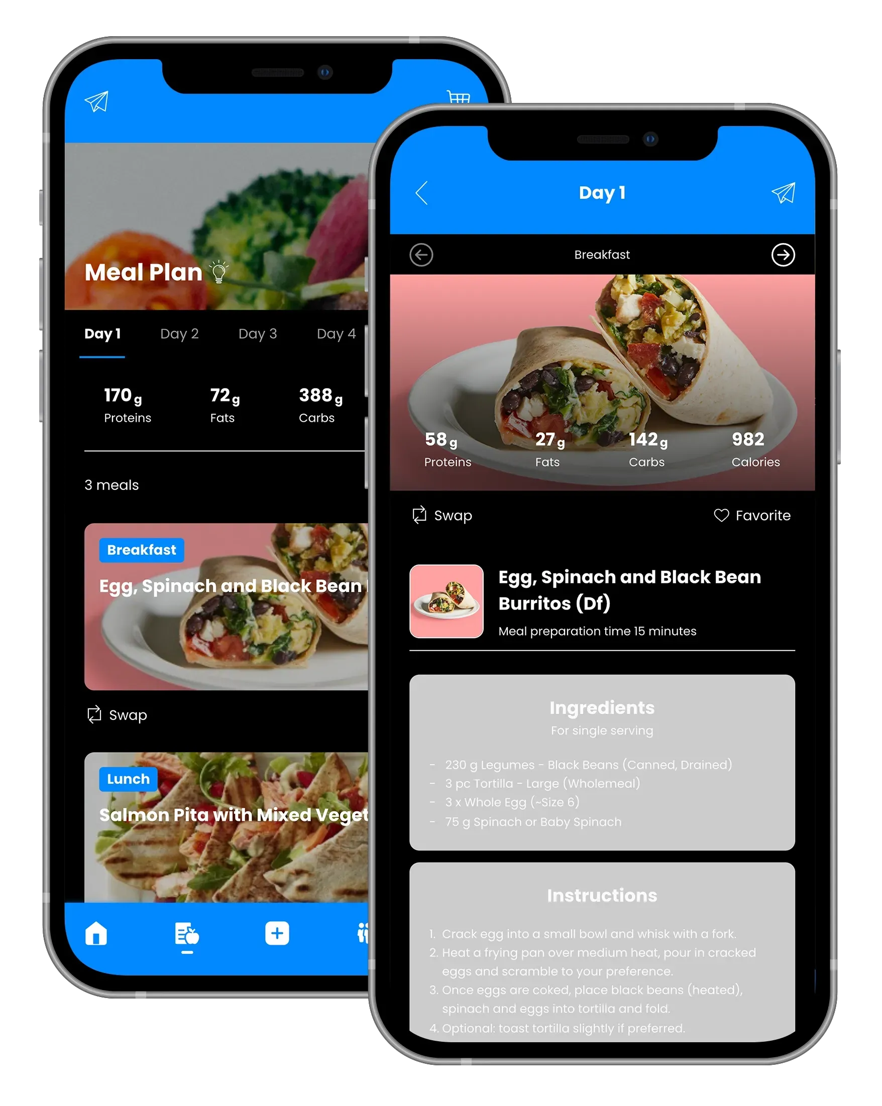 Two smartphone screens display a meal plan app with food photos and nutritional information.