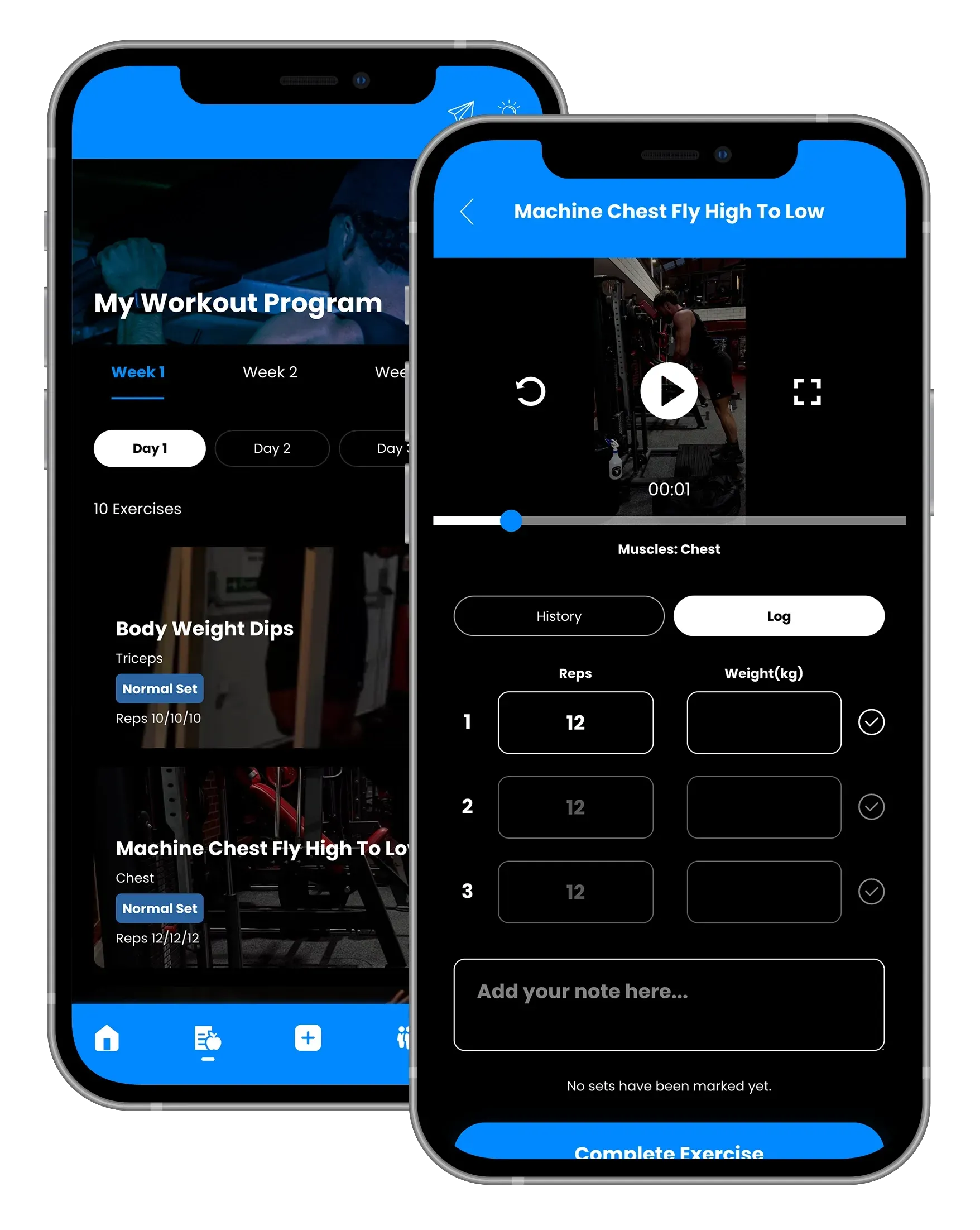 Two smartphones displaying a workout app with video exercise instructions. The UI is dark with blue accents.