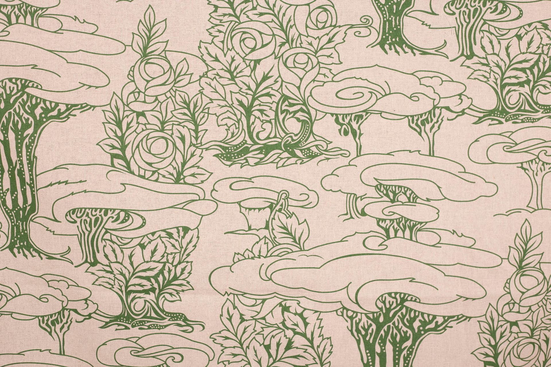 A close up of a curtain with a green and white pattern