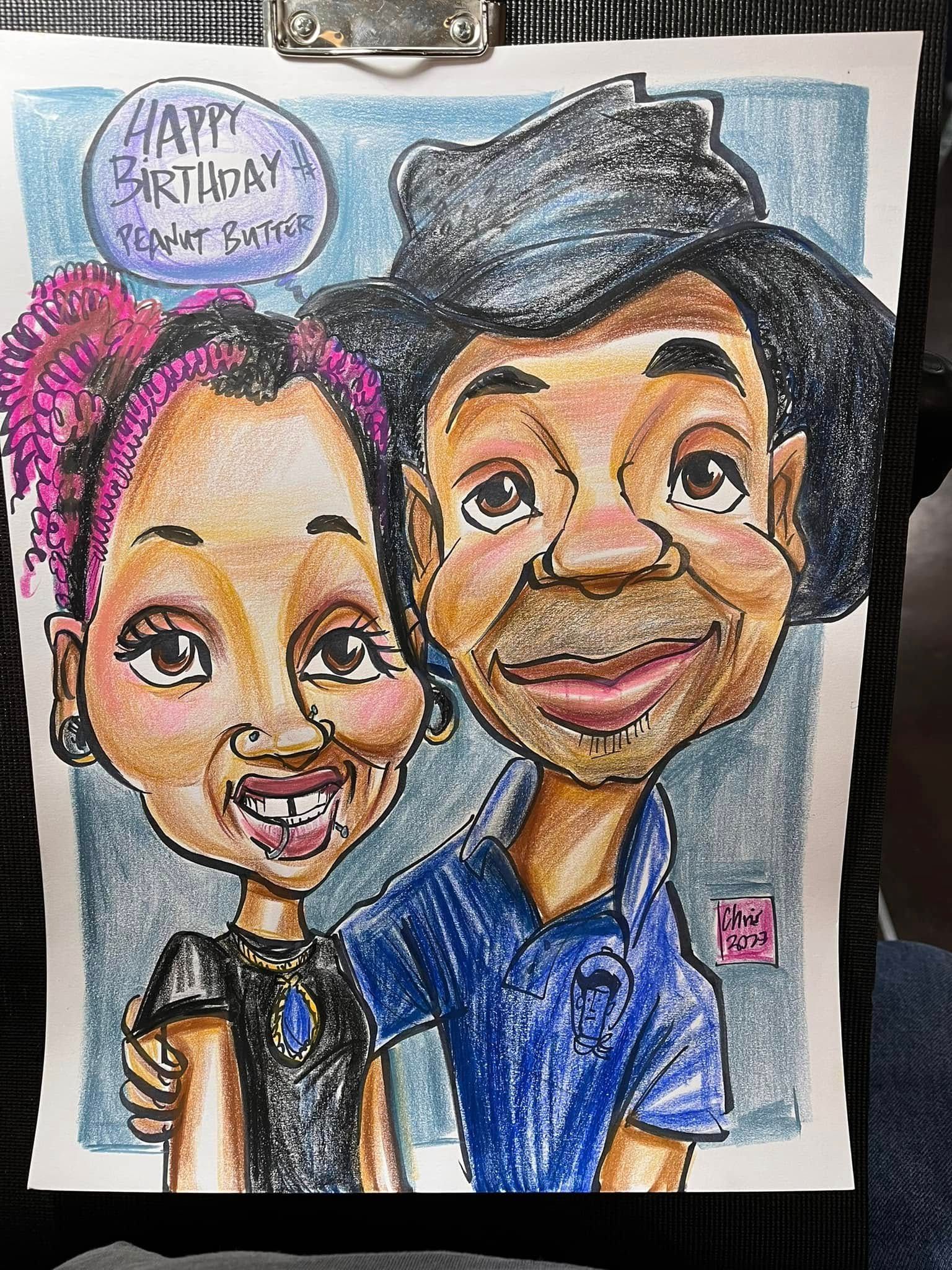 Colorful caricature of two smiling people with a “Happy Birthday” speech bubble on a blue background