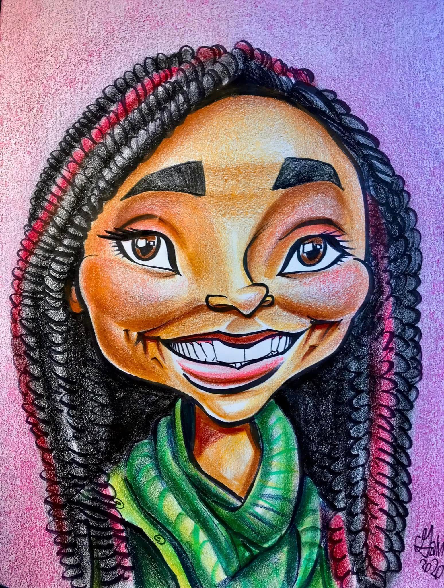 Colorful cartoon portrait of a smiling person with braided hair on a purple background.