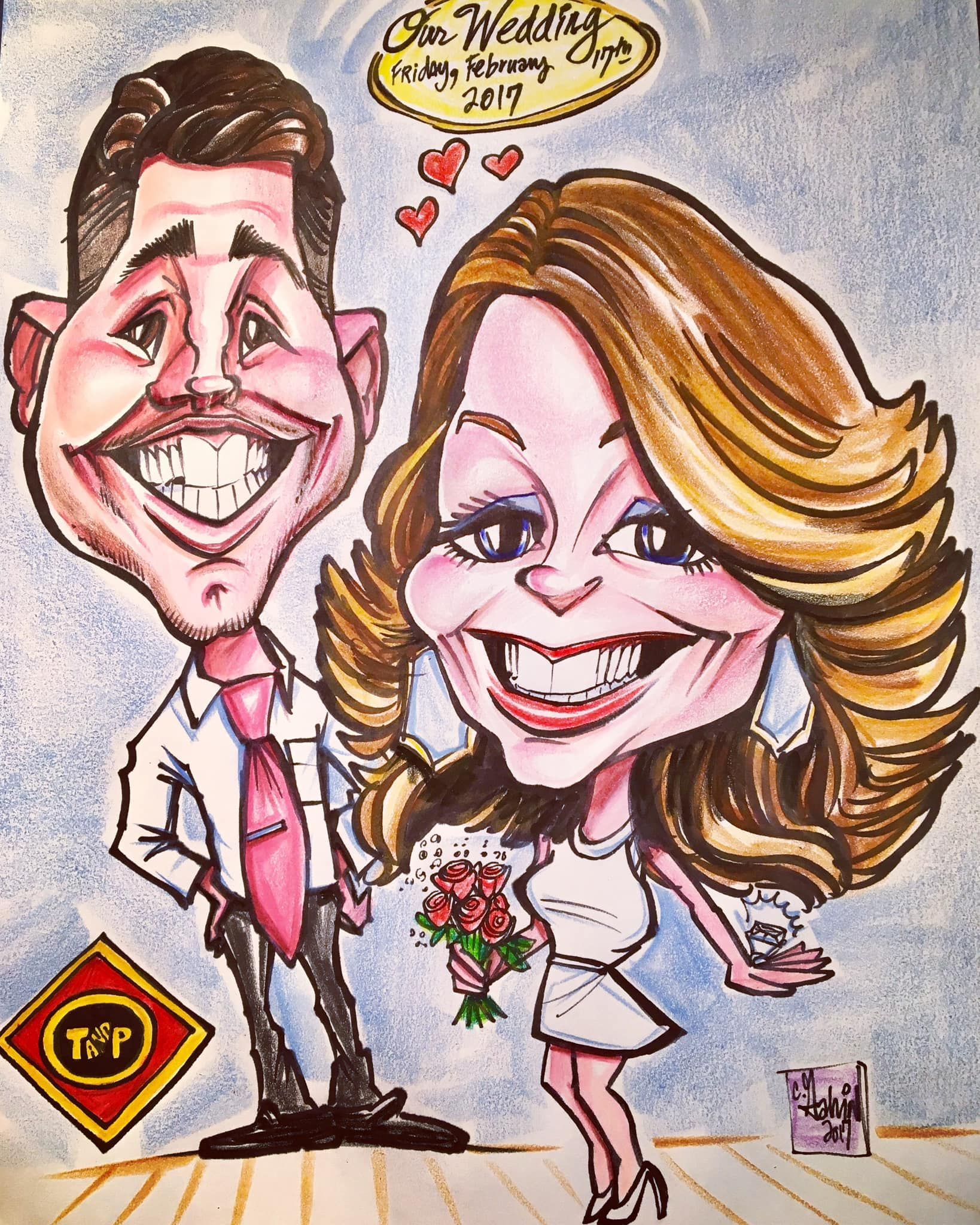 Cartoon caricature of a smiling couple in formalwear, posed on a white background with decorative symbols.