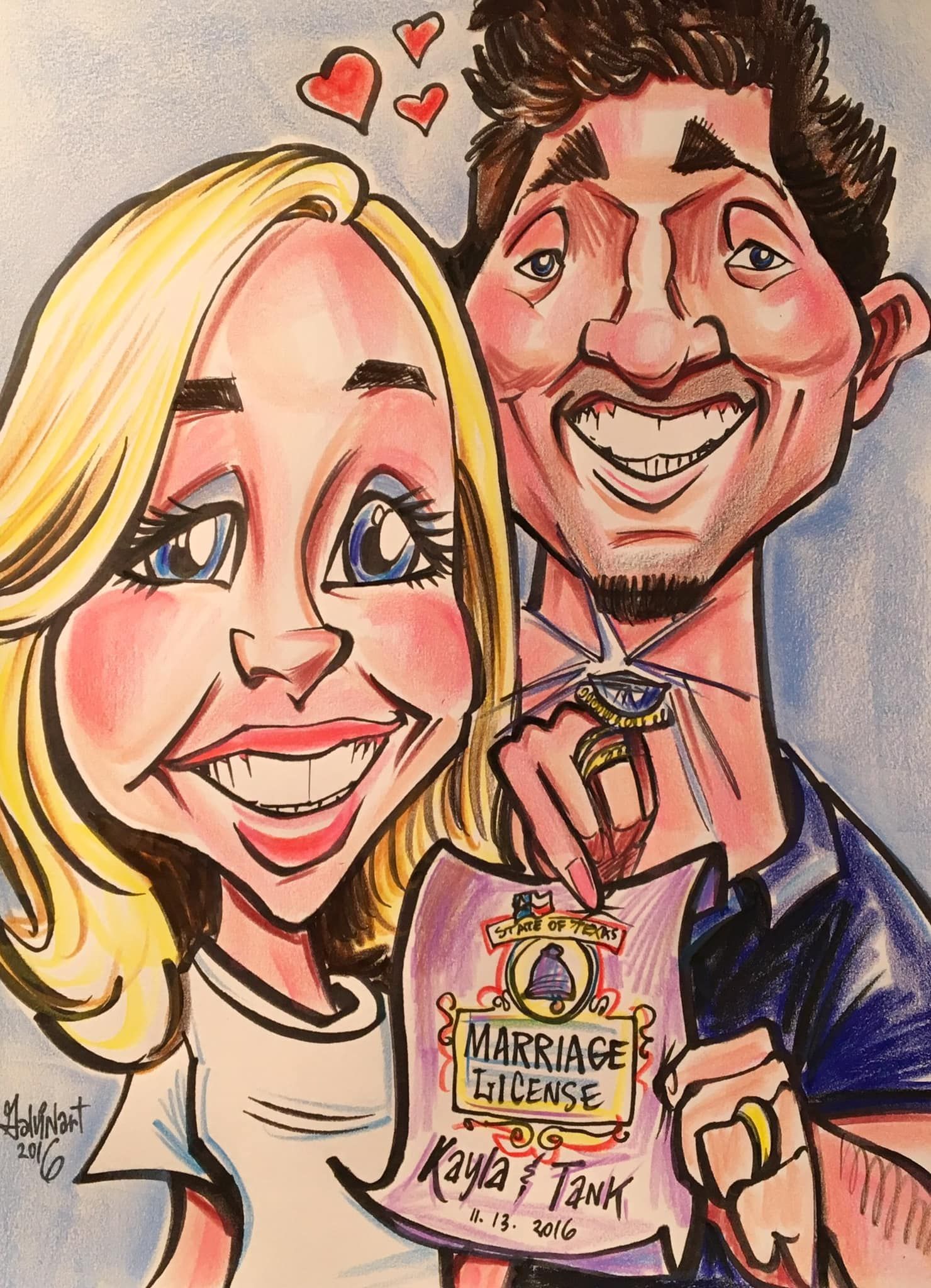 Caricature of a smiling couple holding a marriage license with hearts above them.
