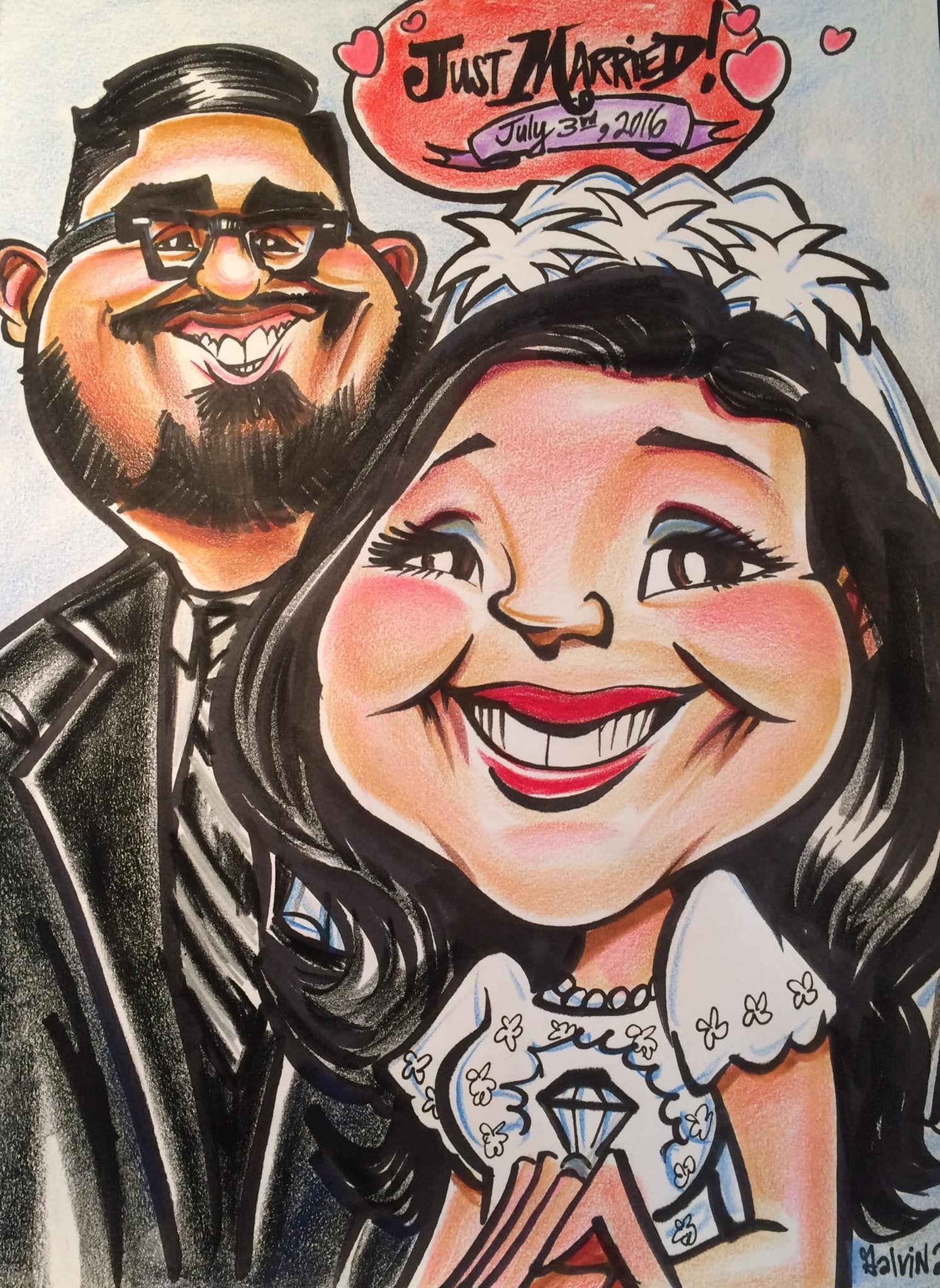 Caricature of a smiling couple, with a “Jim” banner and hearts above them.