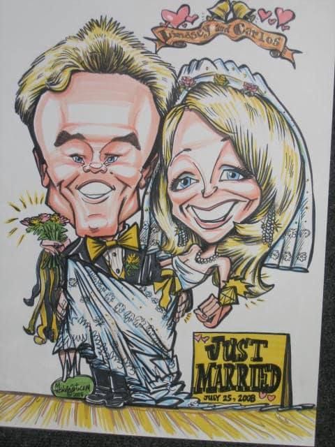 Caricature of a smiling newlywed couple with a