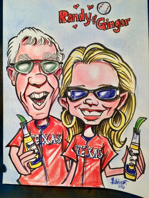 Caricature of two people in red Texas shirts and sunglasses holding drinks, with “Randy G” above them.