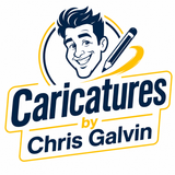 Logo reading &ldquo;Caricatures by Chris Galvin&rdquo; with a smiling caricature face and pencil in navy blue and gold.