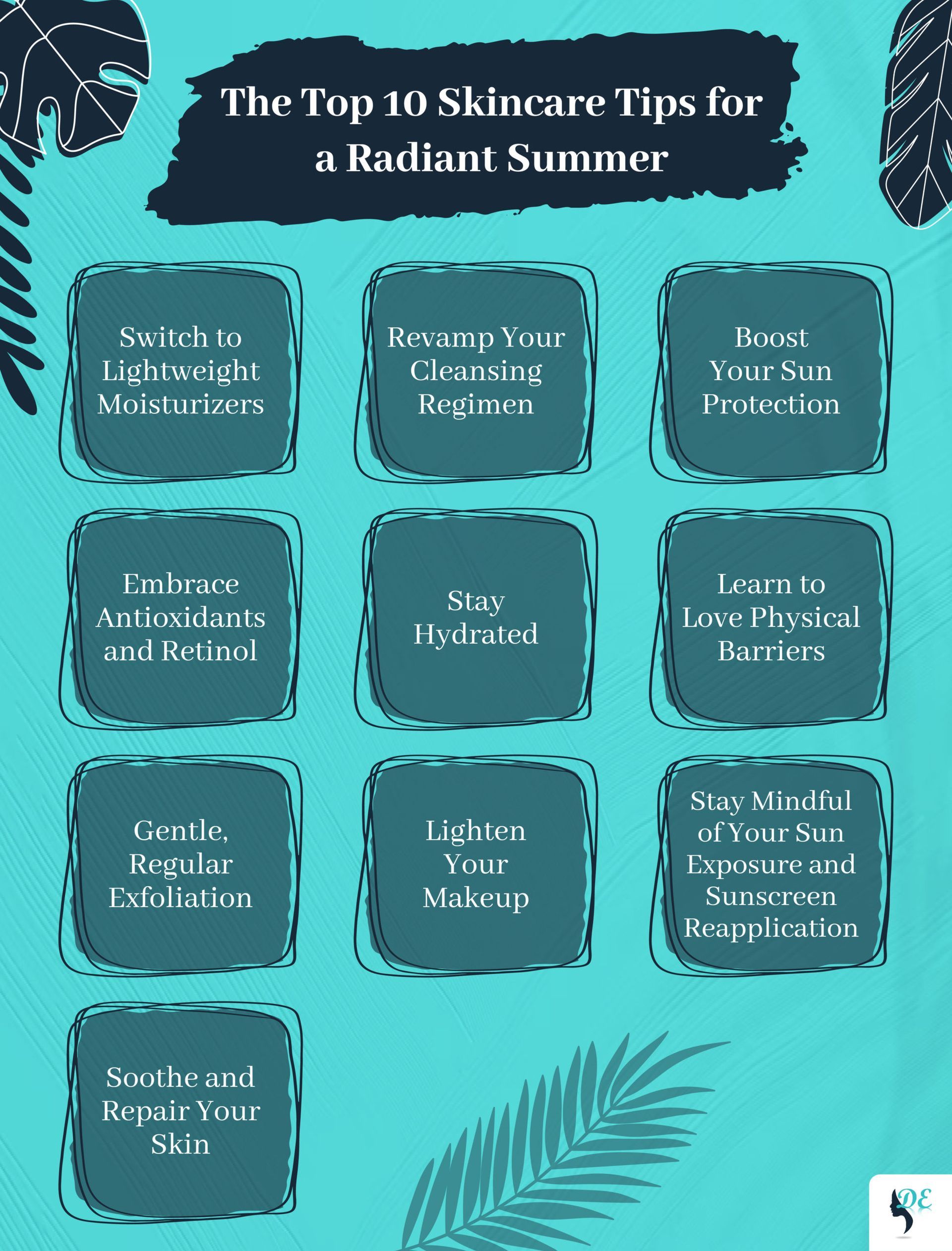 A poster showing the top 10 skincare tips for a radiant summer.