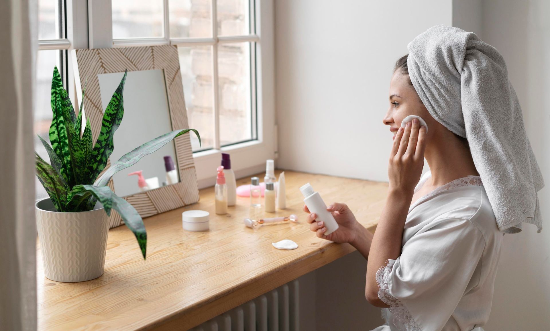 A woman with a towel wrapped around her head is applying lotion to her face.